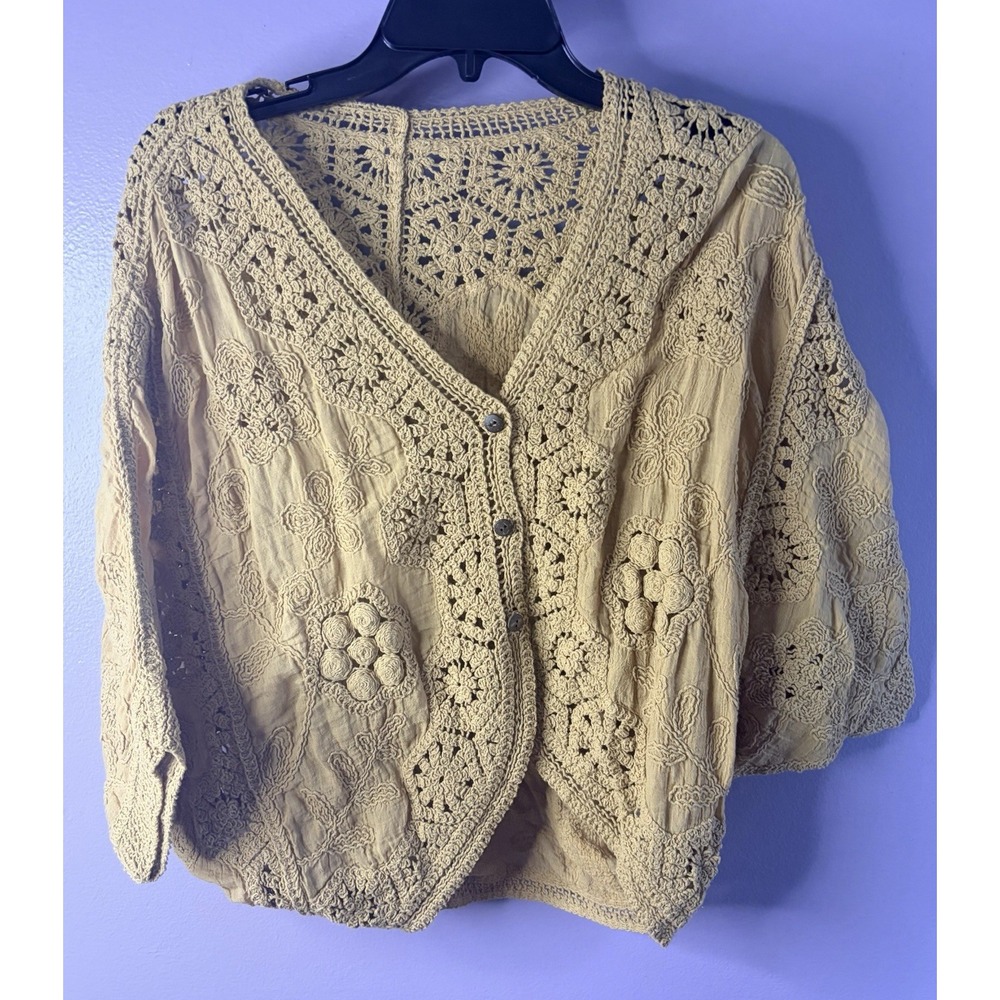 Yellow Crochet Kimono Cardigan One Size‎ Boho Festival Cottagecore Embriodered